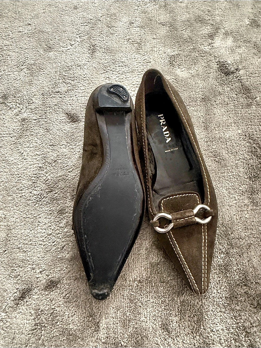 Prada Pointed-Toe Horsebit Flats in Brown